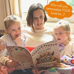 Mummy and twin girls reading their personalised book by Tickled Moon a unique, heartfel,t keepsake