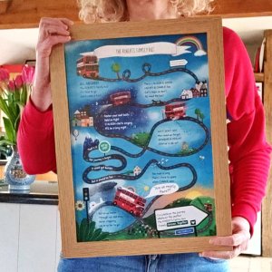 Family Bus personalised print in a wood frame held by a woman