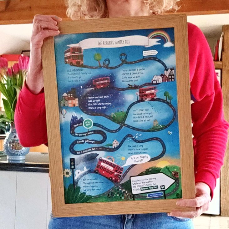 Family Bus personalised print in a wood frame held by a woman
