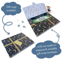 Moon & Stars unique gift wrap envelope for our Tickled Moon children’s book