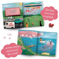 Illustrations of love spreading inside our personalised children's storybook, a timeless keepsake story.