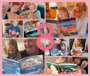 8 images of children & parents reading Tickled Moon personalised books