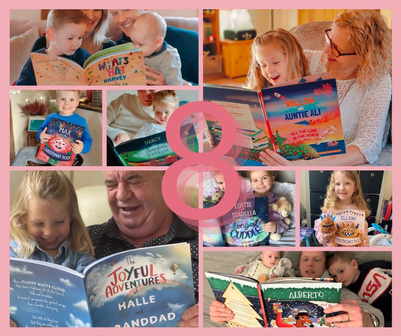 8 images of children & parents reading Tickled Moon personalised books