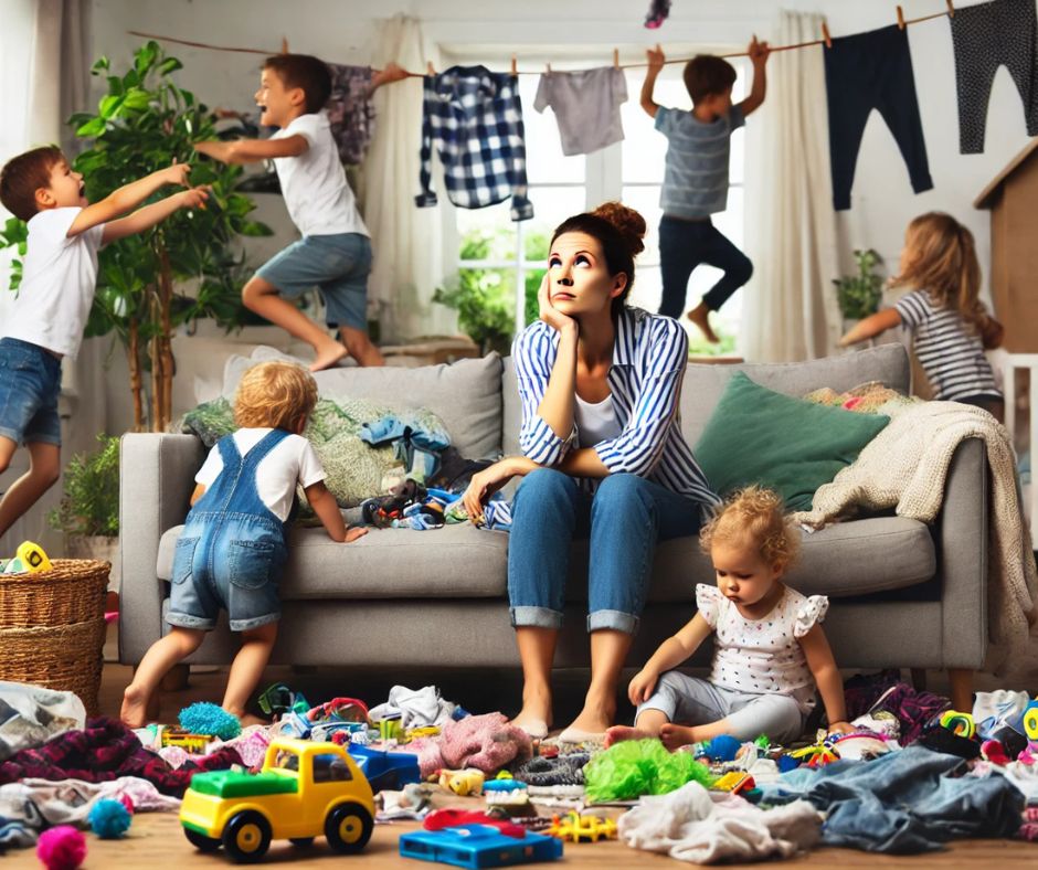 a mum on Mothers Day surrounded by kids and chaos