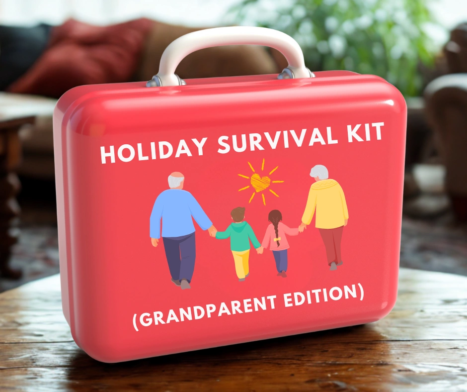 Holiday Kit for Grandparents blog cover image of a red holiday kit 'grandparents' edition' on a coffee table