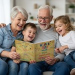 2 laughing grandparents reading a What's That??!! personalised book by Tickled Moon with their 2 grandchildren