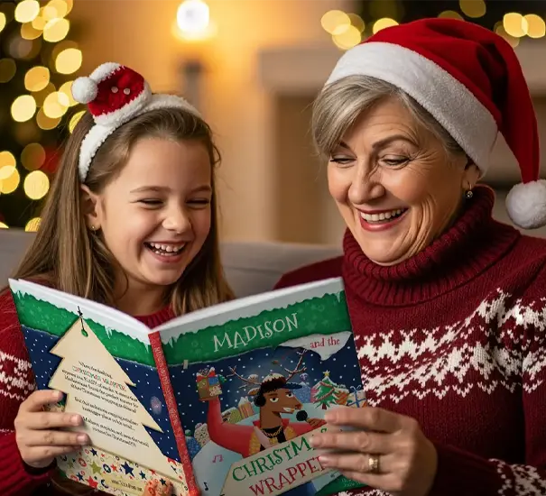 Grandma & grandchild, wearing santa hats and reading The Christmas Wrapper