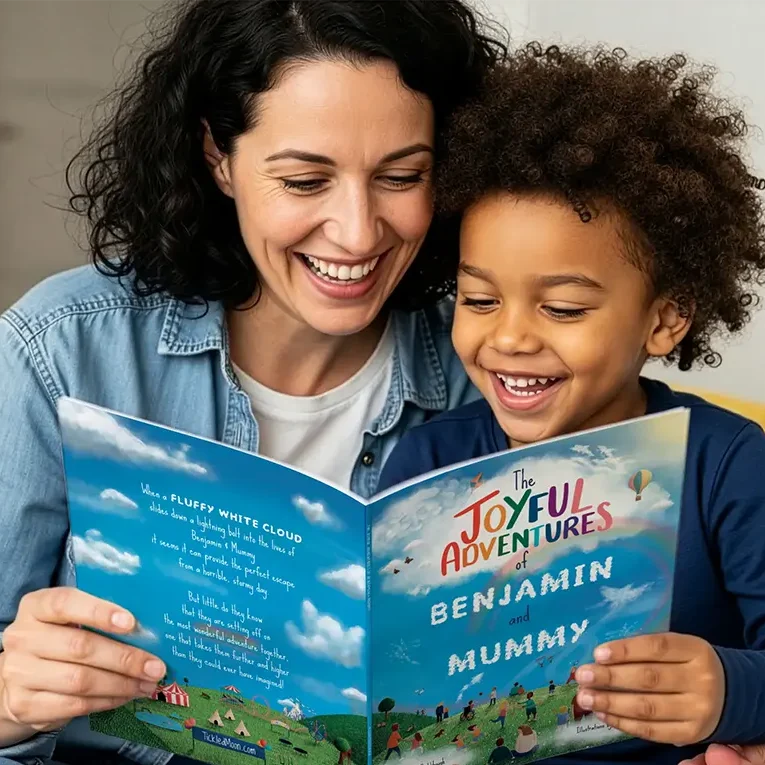 A Mummy & Benjamin reading THe Joyful adventures personalised book by Tickled Moon