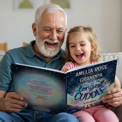Grandad and child reading The Longest Cuddle personalised book together